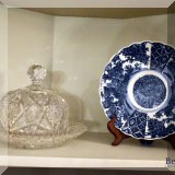 G03. Cut glass candy dish and blue and white porcelain plate. 